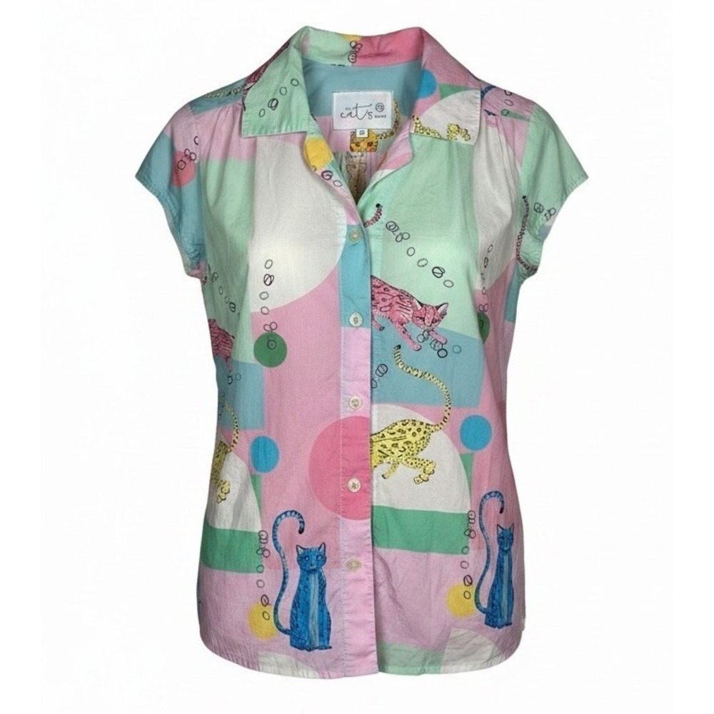 The Cat's Pajamas Top Women's XS Button Up Leopard Cats Patchwork Multicolor